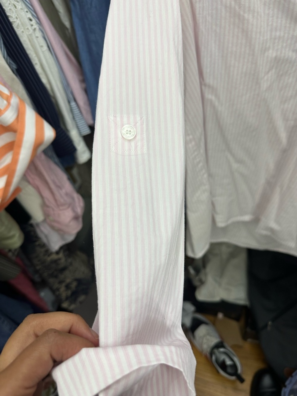 Jones New York Pale Pink Striped Popover Blouse - Picture 3 of 5